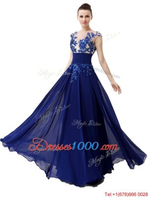 Popular Column/Sheath Evening Dress Blue High-neck Chiffon Cap Sleeves Floor Length Zipper