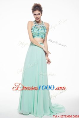 Scoop Chiffon Sleeveless With Train Prom Party Dress Brush Train and Beading