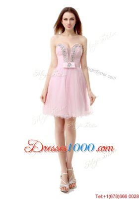 Colorful Baby Pink A-line V-neck Sleeveless Tulle Knee Length Zipper Beading Prom Dress