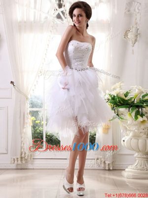 Strapless Sleeveless Evening Dress Knee Length Beading and Belt White Organza