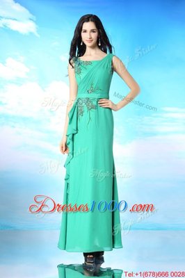 Sleeveless Floor Length Beading and Appliques Zipper Prom Party Dress with Green