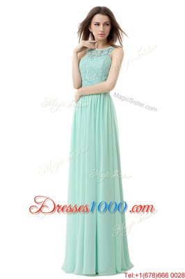 Apple Green Chiffon and Tulle Zipper Scoop Sleeveless Floor Length Prom Dress Ruffles