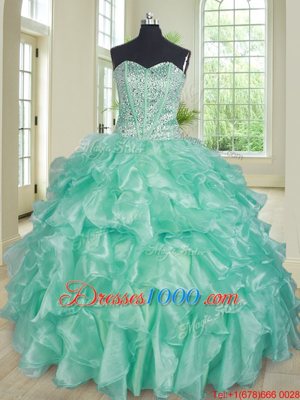 Apple Green Lace Up Sweetheart Beading and Ruffles 15 Quinceanera Dress Organza Sleeveless