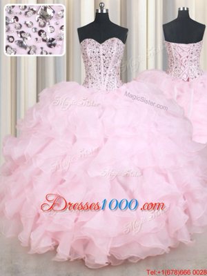 Affordable Sweetheart Sleeveless Lace Up Sweet 16 Dress Baby Pink Organza