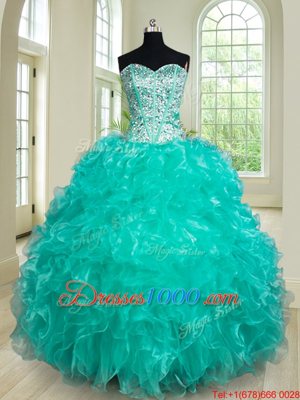 Turquoise Sweetheart Neckline Beading and Ruffles 15th Birthday Dress Sleeveless Lace Up