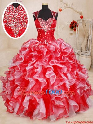 Decent Straps Sleeveless Quinceanera Dresses Floor Length Beading and Ruffles White and Red Organza