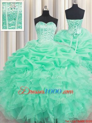 Extravagant Sweetheart Sleeveless Sweet 16 Dresses Floor Length Beading and Ruffles and Pick Ups Apple Green Organza