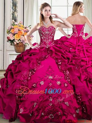 Decent Organza and Taffeta Sweetheart Sleeveless Lace Up Beading and Embroidery and Pick Ups Quinceanera Dresses in Fuchsia