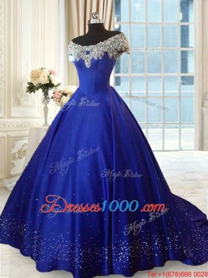 Off The Shoulder Cap Sleeves Satin Quince Ball Gowns Beading and Lace Lace Up