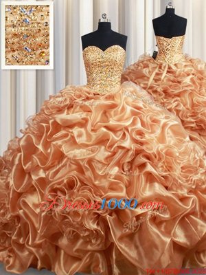 Super Lace Up Quinceanera Dress Champagne and In for Military Ball and Sweet 16 and Quinceanera with Beading and Ruffles and Pick Ups Court Train