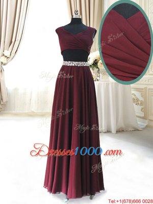 Burgundy Zipper Celebrity Evening Dresses Beading and Belt Cap Sleeves Ankle Length