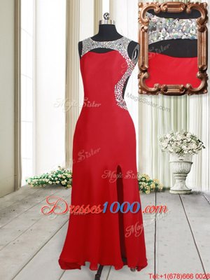 Colorful Scoop Backless Red Elastic Woven Satin Brush Train Sleeveless Beading