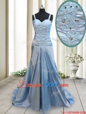 Trendy Light Blue Elastic Woven Satin Criss Cross Straps Sleeveless With Train Prom Dresses Sweep Train Beading