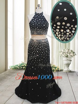 Fantastic Chiffon Halter Top Sleeveless Backless Beading Homecoming Dress in Black