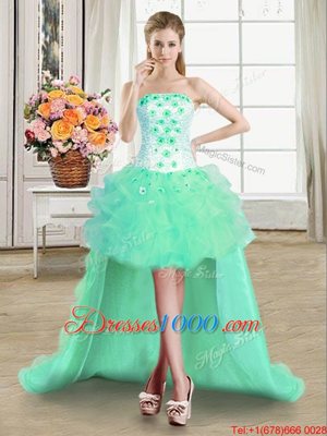 New Style Turquoise Ball Gowns Strapless Sleeveless Tulle High Low Lace Up Beading and Appliques and Ruffles Cocktail Dresses