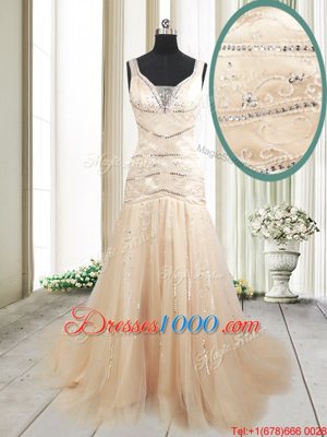 Modest Mermaid Straps Straps Champagne Tulle Lace Up Prom Gown Sleeveless With Train Sweep Train Ruching