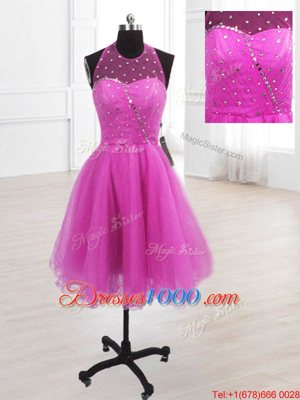 Fabulous Fuchsia High-neck Neckline Sequins Cocktail Dress Sleeveless Lace Up