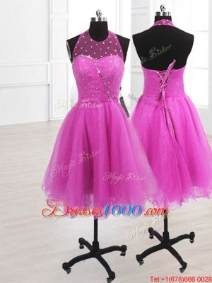 Sequins Knee Length Fuchsia Celebrity Dresses High-neck Sleeveless Lace Up