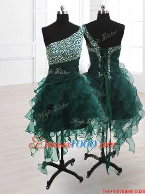 Wonderful One Shoulder Peacock Green Sleeveless Knee Length Beading and Ruffles Lace Up Oscars Dresses