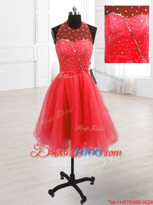 Beauteous High-neck Sleeveless Prom Party Dress Knee Length Sequins Coral Red Organza