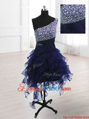 One Shoulder Knee Length Navy Blue Club Wear Organza Sleeveless Beading