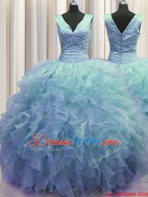 V Neck Zipper Up Sleeveless Zipper Floor Length Ruffles Quinceanera Dress