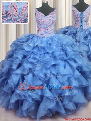 Perfect Ruffled V-neck Sleeveless Lace Up Vestidos de Quinceanera Baby Blue Organza