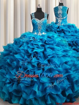 Zipple Up See Through Back Teal Ball Gowns Beading and Ruffles Sweet 16 Dress Zipper Organza Sleeveless Floor Length