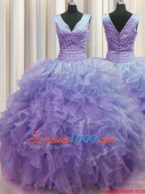 Romantic V Neck Zipper Up Sleeveless Ruffles Zipper Vestidos de Quinceanera