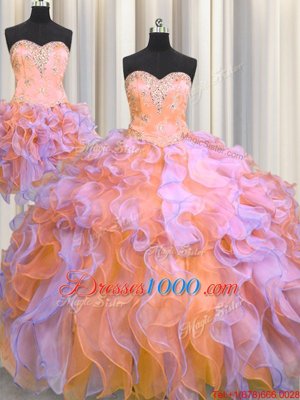 Fancy Three Piece Organza Sleeveless Floor Length 15 Quinceanera Dress and Beading and Appliques and Ruffles