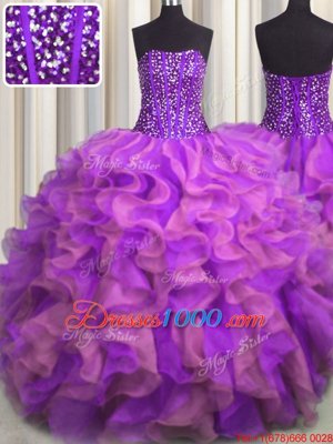 Fashion Visible Boning Beaded Bodice Multi-color Strapless Neckline Beading and Ruffles Vestidos de Quinceanera Sleeveless Lace Up