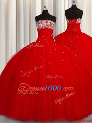 Puffy Skirt Red Ball Gowns Organza Strapless Sleeveless Beading and Sequins Floor Length Lace Up Quinceanera Gown