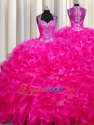 Custom Design Zipper Up See Through Back Fuchsia Zipper Straps Beading and Ruffles Quince Ball Gowns Organza Sleeveless Sweep Train