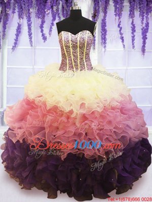 Vintage Multi-color Ball Gowns Organza Sweetheart Sleeveless Beading and Ruffles and Ruffled Layers Floor Length Lace Up 15th Birthday Dress