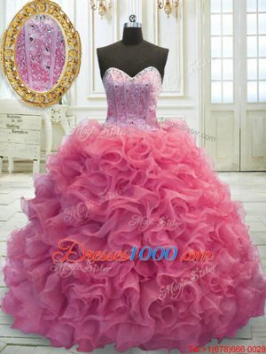 Latest Rose Pink Lace Up Sweetheart Beading and Ruffles Quinceanera Gowns Organza Sleeveless Sweep Train