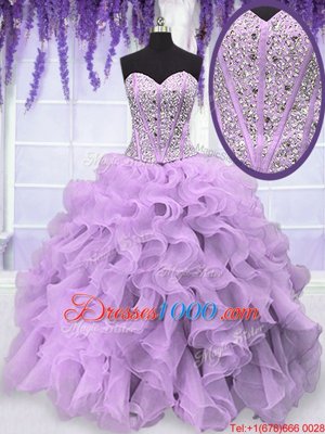 Lavender Sleeveless Floor Length Beading and Ruffles Lace Up Quinceanera Gowns