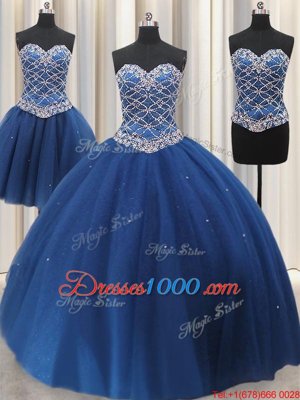 Three Piece Sequins Floor Length Ball Gowns Sleeveless Blue Quinceanera Gowns Lace Up