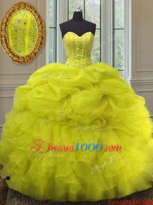 Glittering Sleeveless Floor Length Beading and Ruffles and Pick Ups Lace Up Sweet 16 Quinceanera Dress with Yellow