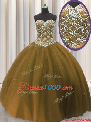 Sweetheart Sleeveless Sweet 16 Dress Floor Length Beading Brown Tulle