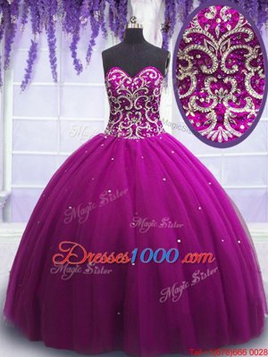 Lilac Tulle Lace Up Sweetheart Sleeveless Floor Length Ball Gown Prom Dress Beading