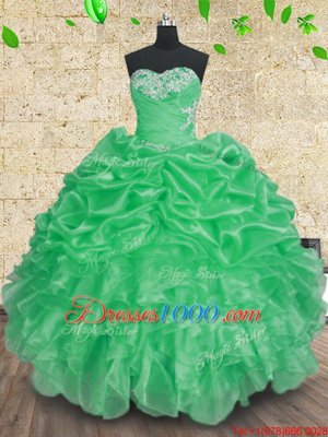 Flare Green Organza Lace Up Sweetheart Sleeveless Floor Length Quinceanera Dresses Beading and Appliques and Ruffles and Ruching