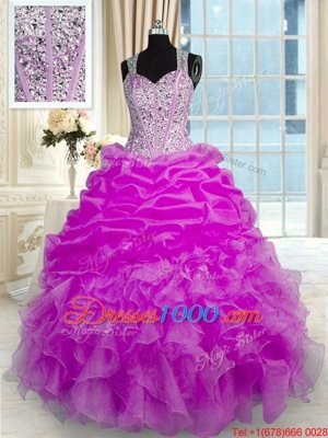 New Style Fuchsia Straps Zipper Beading and Ruffles and Pick Ups Sweet 16 Dress Sleeveless