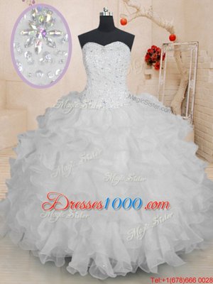 Custom Design Sweetheart Sleeveless Quince Ball Gowns Floor Length Beading and Ruffles White Organza