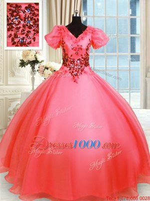 Latest Organza Short Sleeves Floor Length Vestidos de Quinceanera and Appliques