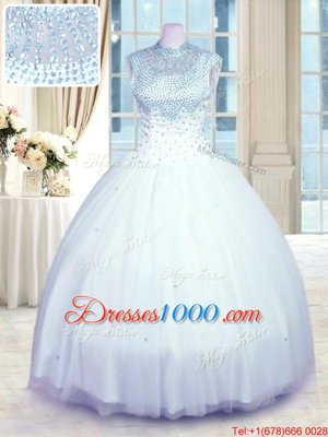 Baby Blue Ball Gowns Tulle High-neck Sleeveless Beading Floor Length Zipper 15 Quinceanera Dress