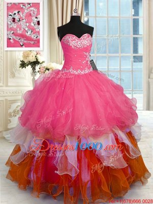 Multi-color Sleeveless Floor Length Beading and Ruffles Lace Up Ball Gown Prom Dress