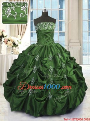 Sleeveless Floor Length Beading and Appliques and Embroidery and Pick Ups Lace Up Sweet 16 Dresses with Green