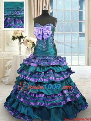 Peacock Green Quinceanera Gowns Taffeta Sweep Train Sleeveless Appliques and Ruffled Layers and Bowknot