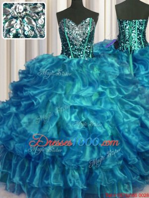 Teal Sleeveless Beading and Ruffles Floor Length 15 Quinceanera Dress