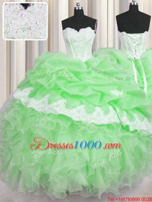 Sleeveless Organza Floor Length Lace Up Quinceanera Dress in for with Beading and Appliques and Ruffles and Pick Ups